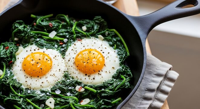 Freshly cooked eggs and spinach in a black pan for culinary concept