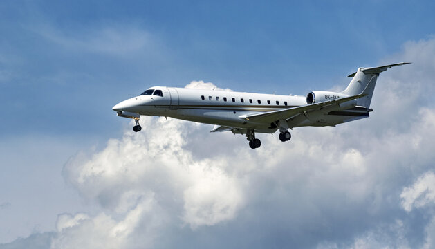 Geneva, Switzerland - April 06, 2026: sign and logo on an Embraer Legacy 600 of ABS Jets landing at Geneva airport