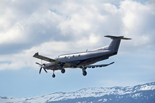 Geneva, Switzerland - April 06, 2026: sign and logo on a Pilatus PC-12 NGX of Haute Aviation landing at Geneva airport