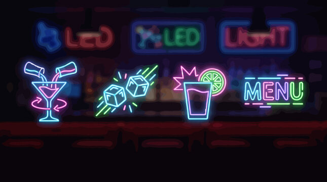 Neon Bar Signs Cocktails, Ice Cubes, Drinks, and Menu - Vibrant Nightlife Graphics