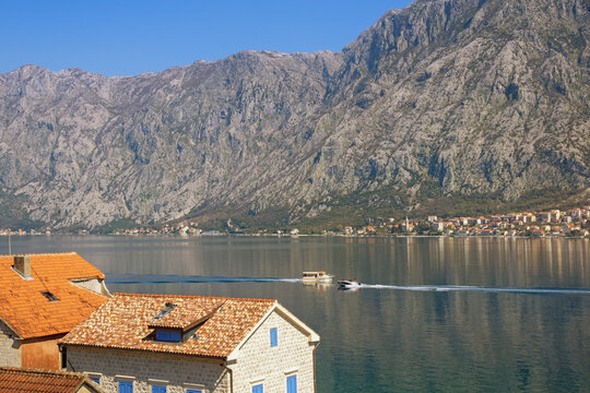 Beautiful Mediterranean landscape.  Montenegro, Adriatic Sea. View of Bay of Kotor from Prcanj town on sunny spring day