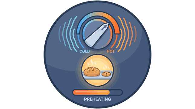 Circular dial indicating temperature setting from cold to hot with a baking tray and bread underneath, accompanied by a preheating progress bar