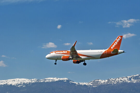 Geneva, Switzerland - april 07, 2026 :  sign and logo on a Airbus A320-214 of Easyjet landing at Geneva airport