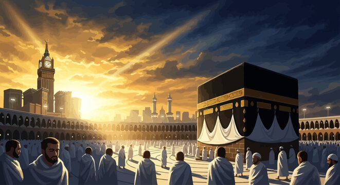 Muslim pilgrims encircling the Kaaba in Mecca during golden hour