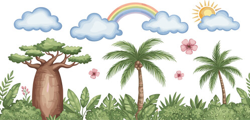 Tropical jungle and savannah vector kit featuring baobab tree palm trees rainbow and clouds for nursery murals and safari education in a flat style. © MdSirazul