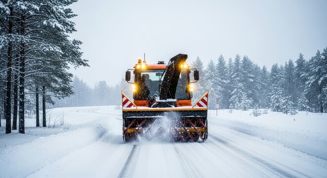 Snowplow Clearing Road in Winter Scene.