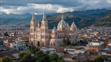 Fototapeta premium Cuenca's Immaculate Conception Cathedral, built in 1885, stands in Ecuador.