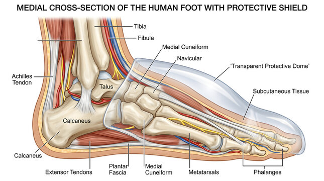 Medial cross‑section of the human foot with protective dome showing tibia, fibula, talus, calcaneus, navicular, medial cuneiform, metatarsals, plantar fascia, intrinsic muscles, tendons and subcutaneo
