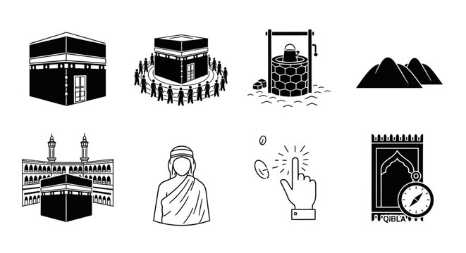 Islamic pilgrimage symbols including Kaaba, Zamzam well, and prayer rug