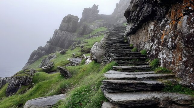 Steps at Skellig Michael in Ireland wind up a rocky mountain.