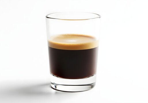 A captivating shot showcases the rich, dark essence of espresso in a petite glass, perfect for invigorating mornings, highlighting the beverage's inviting color and frothy crema, and tempting