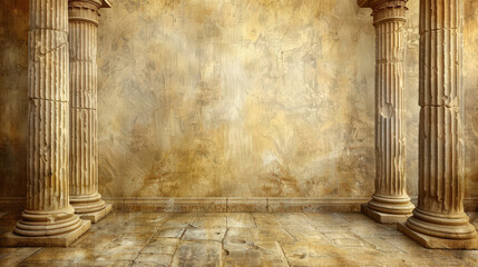 Naklejka premium Yellow background with pillars. Ancient Greece and Roman empire textured wallpaper. Copy space