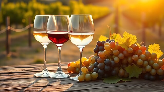 vineyard. Rustic table with wine glasses and grapes, bathed in warm golden hour light. bar promotions, beverage menus, designed for product packaging and bar promotions, used by chefs.