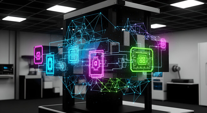 A futuristic architectural visualization of a high-tech room with glowing neon graphics and sleek furniture displays advanced technology and innovative design elements.