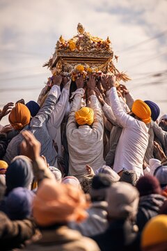 A group of men carrying a large, decorated palanquin (Palki) containing the Guru Granth Sahib on their shoulders, crowd of devotees trying to touch it, devotion and energy, day light