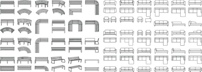 Obraz premium Black white CAD seating furniture plan view set, sofas, benches, chairs, sectional modules for auditorium, theater, conference, and waiting area architectural floor plan design symbols
