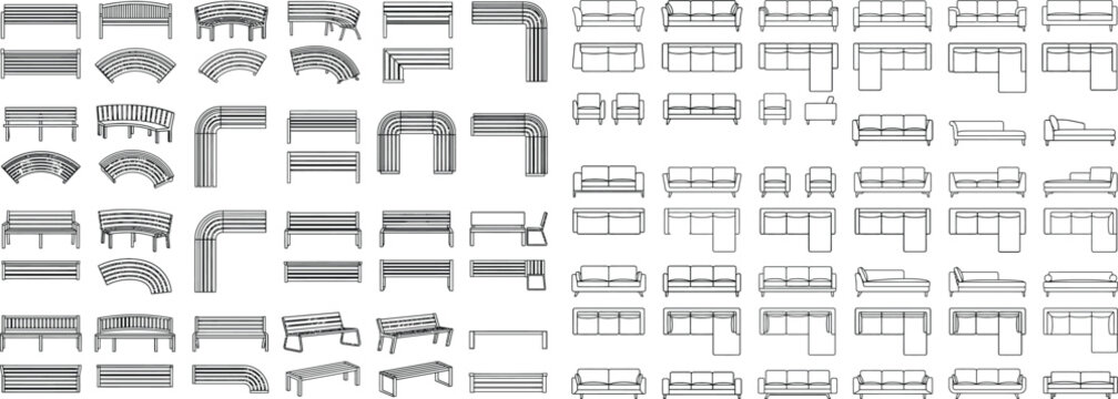 Black white CAD seating furniture plan view set, sofas, benches, chairs, sectional modules for auditorium, theater, conference, and waiting area architectural floor plan design symbols