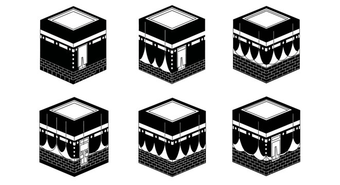 Illustrations of the Kaaba in Mecca from multiple perspectives in a digital art style