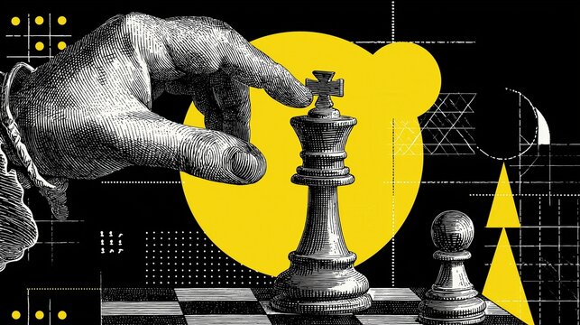 A stylized hand moves a king chess piece on a board with geometric shapes and patterns in black, white, and yellow.