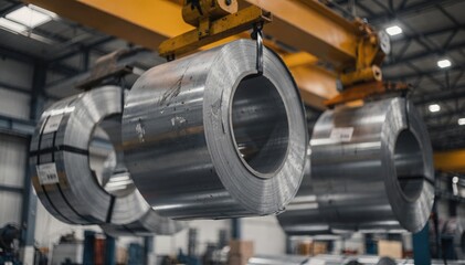 Obraz premium Medium shot showing multiple steel coils suspended midair from an overhead crane emphasizing the coils surface details and a gently blurred factory interior