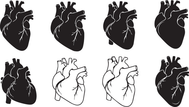 A collection of black and white heart illustrations on a plain background