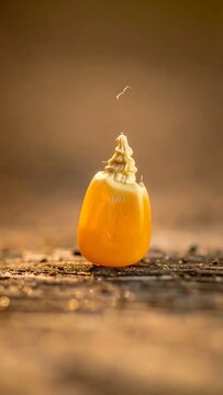 Single Yellow Corn Kernel Macro Photograph Showing A White Sprout Tip Emerging On A Rustic Wooden Surface At Sunset With Warm Golden Lighting