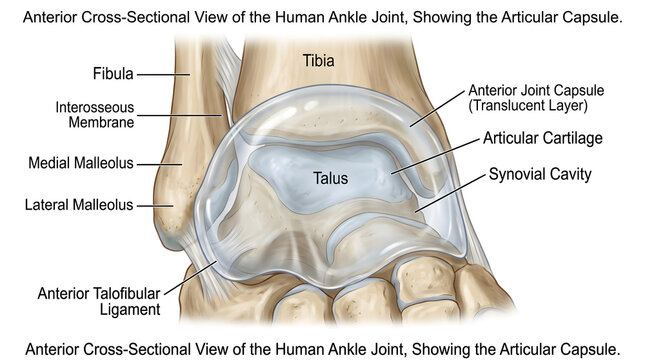 Anterior cross‑sectional view of the human ankle joint demonstrating tibia and fibula malleoli articulating with the talus, articular cartilage surfaces, synovial cavity and translucent anterior joint