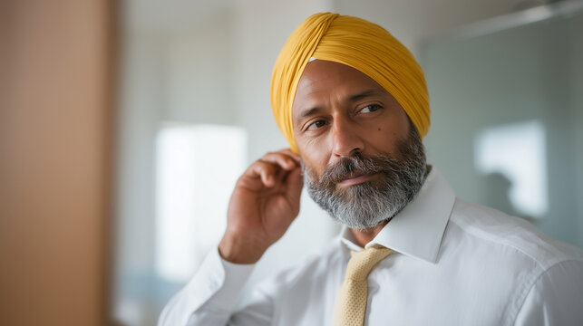 Indian Sikh man in turban adjusts his dastar in office bathroom mirror before returning to corporate meeting, professional identity faith expression workplace, South Asian business professional reli
