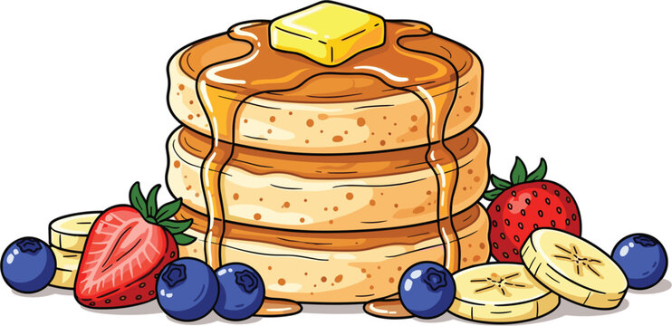 Delicious Stack of Pancakes with Butter, Maple Syrup, Fresh Strawberries, Blueberries, and Bananas, Ideal for Breakfast, Brunch, and Morning Indulgence, Topped with Fruit and Sweet Syrup Drizzle
