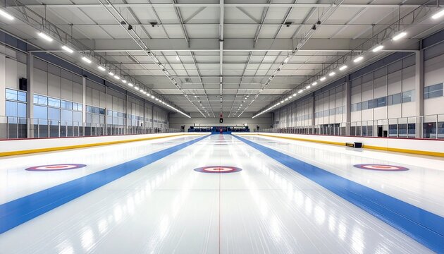 Empty curling rink interior with multiple sheets in symmetrical perspective