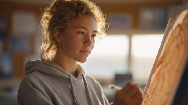 Young woman examining anatomical diagram of female reproductive system in bright classroom, sexual health education teen, puberty learning materials, gynecological anatomy study, school health curri