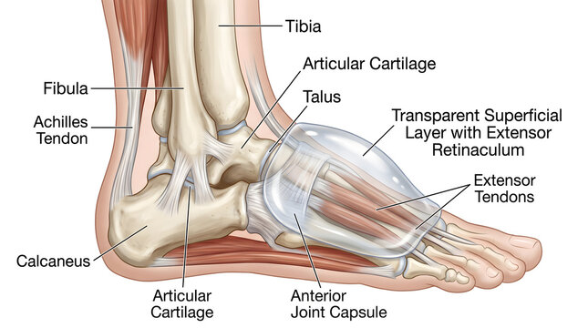 Lateral view of the human ankle and foot demonstrating tibia, fibula, talus, calcaneus, articular cartilage, Achilles tendon, anterior joint capsule, extensor tendons and transparent superficial layer
