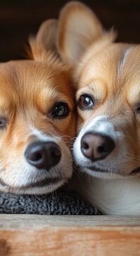 Two dogs resting side by side, possibly friends or siblings vertical frame