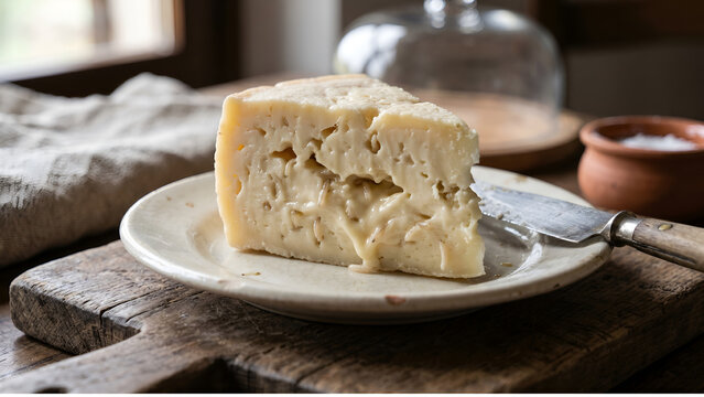 Casu Marzu cheese from Sardinia, Italy &ndash; a pecorino cheese with live insect larvae (maggots) inside, soft creamy texture, traditional Italian delicacy.