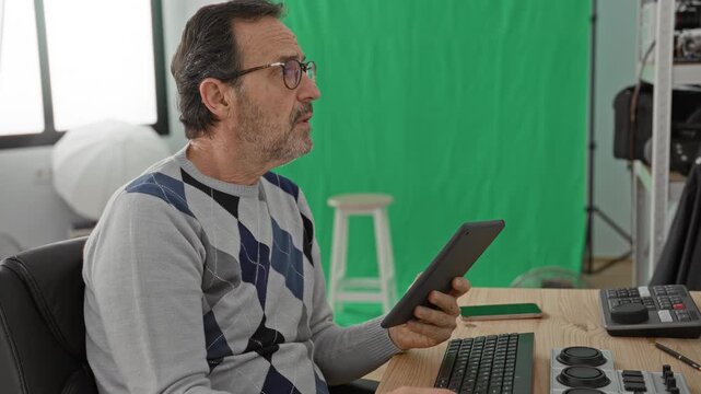 Man holding tablet and tapping screen at desk with keyboard and green screen in studio, wearing glasses and argyle sweater; concentration.