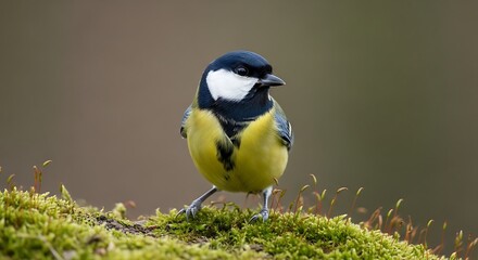 Fototapeta premium Great tit perched on mossy ground against blurred background