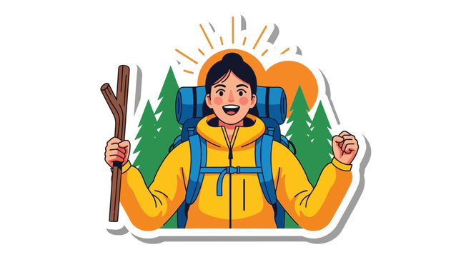 Flat design vector illustration of happy hiker enjoying nature adventure with backpack in sunny forest environment lifestyle concept