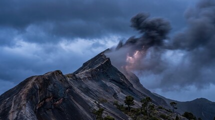 Fototapeta premium Jagged summit engulfed by thunderous ash cloud and internal lightning, pictures of volcanoes erupting in storm-blue weather with angular rock faces, sparse trees, and electrified menace