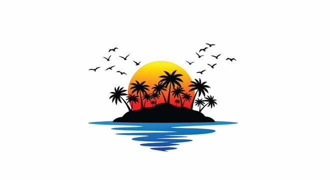 Island sunset graphic with silhouette palm trees, flying birds, and ocean water reflections for summer vacation design