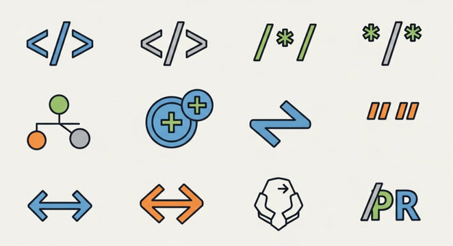 Collection of Programming and Development Icons and Symbols.