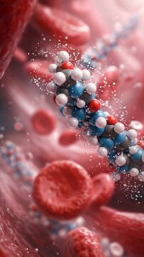 Insulin molecule moving through bloodstream, blood plasma, artery lumen, red cell erythrocyte 3D medical science render showing molecular chain protein model floating particles, hormone transport