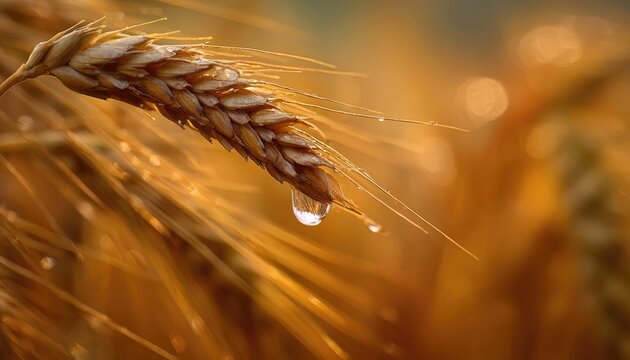A macro photograph of a single grain of wheat with a drop of morning dew on it, golden field background, representing the harvest aspect of Vaisakhi, super macro, shallow depth of field