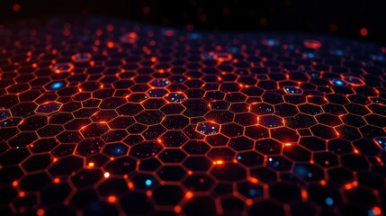 Fototapeta premium Hexagonal grid glows, vibrant orange dominates. Dark background emphasizes complex digital pattern. Futuristic, abstract design.