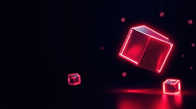 Red glowing cubes float above reflective surface. Dark background emphasizes neon light patterns, creating futuristic scene.