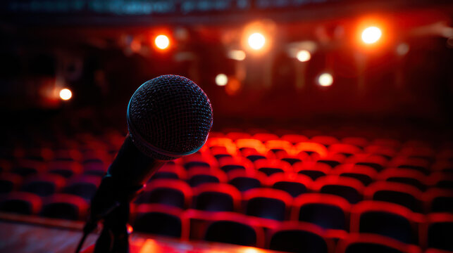 A microphone stands on a stage in a theater. The seats are empty and lights shine from above, showing readiness for a performance. The atmosphere suggests anticipation for an event.