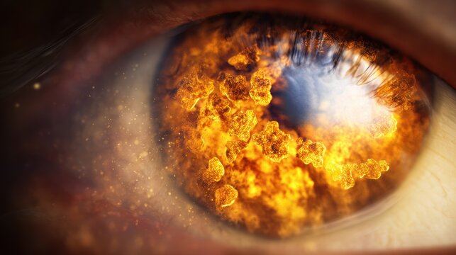 Close up of human eye with fiery design concept vibrant color detailed iris