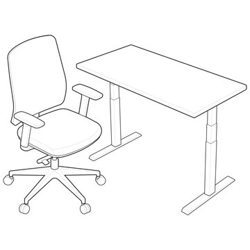 Isometric height adjustable rectangular desk and mid back task chair linear drawing