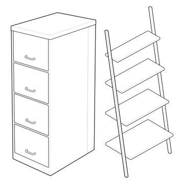 Isometric 4 drawer flush bottom filing cabinet and leaning ladder shelf linear drawing