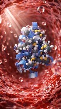 Insulin molecule moving through bloodstream medical hormone biology diabetes research concept, 3D render inside red blood vessel artery lumen showing peptide protein structure, bubbles, blood cells