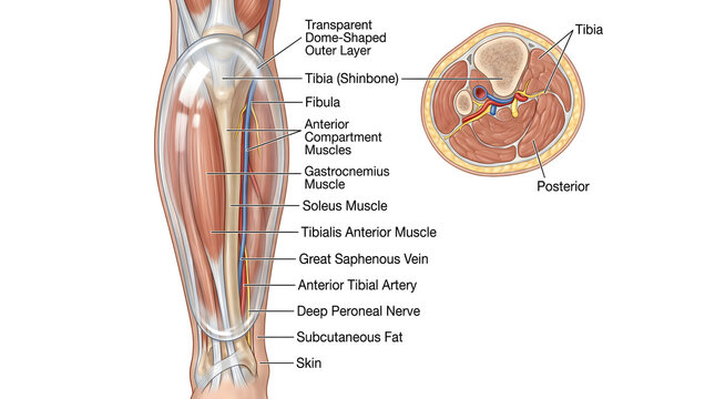 Anterior view of the lower leg beneath a dome‑shaped outer layer showing tibia, fibula, gastrocnemius and soleus, tibialis anterior, extensor muscles, great saphenous vein, anterior tibial artery, dee